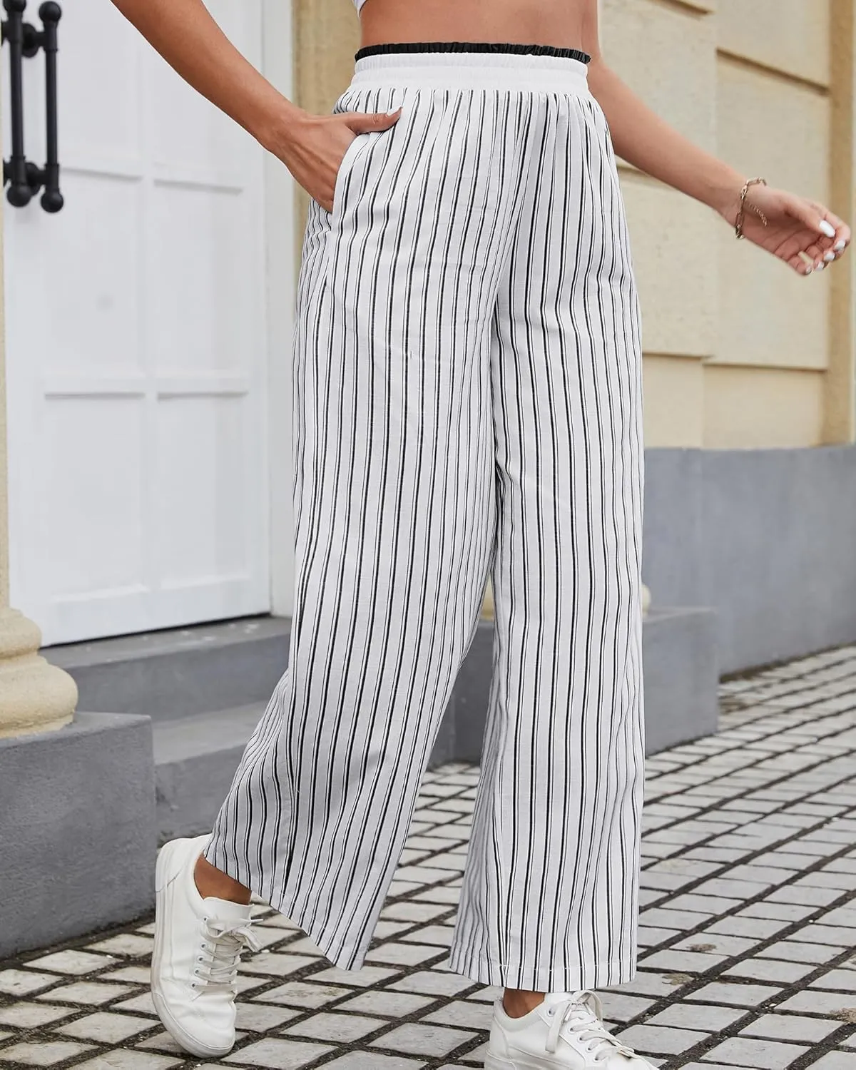 Bsubseach 2025 Women's Striped Wide Leg Cropped Pants Smocked Waist Summer Casual Trousers with Pockets