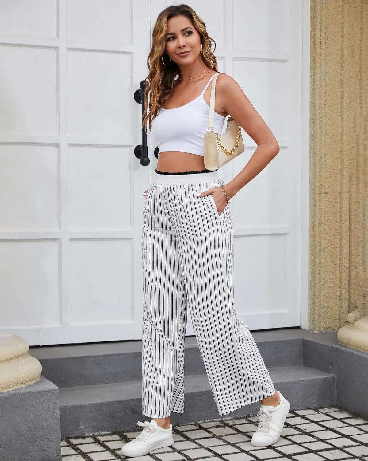 Bsubseach 2025 Women's Striped Wide Leg Cropped Pants Smocked Waist Summer Casual Trousers with Pockets