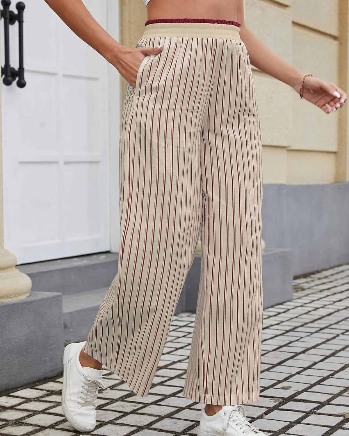 Bsubseach 2025 Women's Striped Wide Leg Cropped Pants Smocked Waist Summer Casual Trousers with Pockets