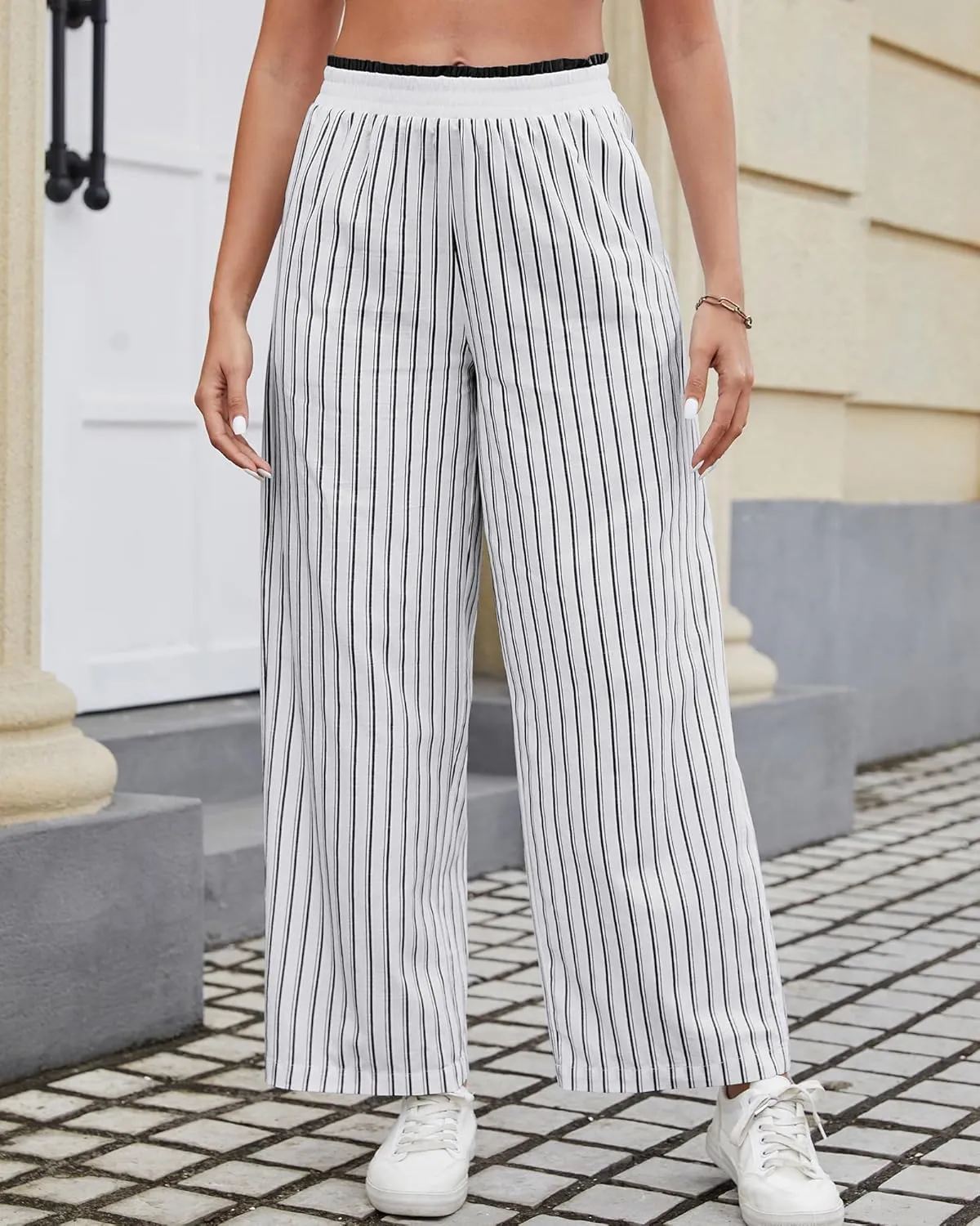 Bsubseach 2025 Women's Striped Wide Leg Cropped Pants Smocked Waist Summer Casual Trousers with Pockets