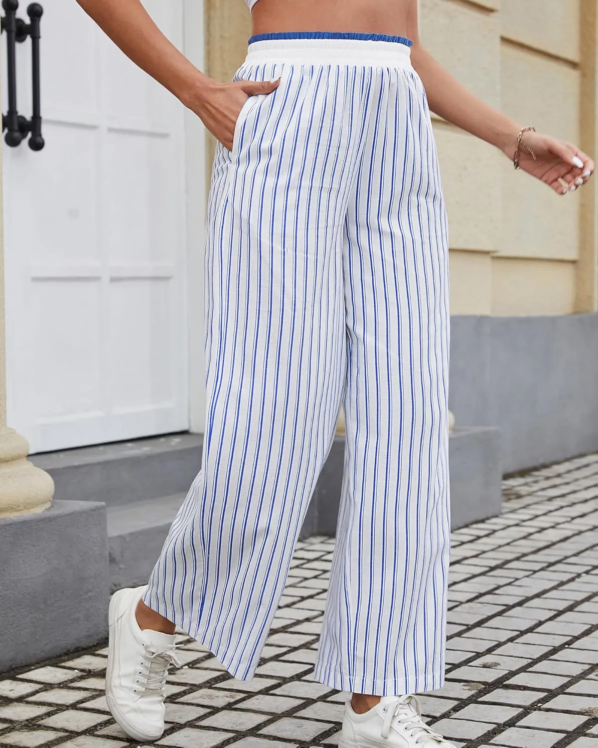 Bsubseach 2025 Women's Striped Wide Leg Cropped Pants Smocked Waist Summer Casual Trousers with Pockets