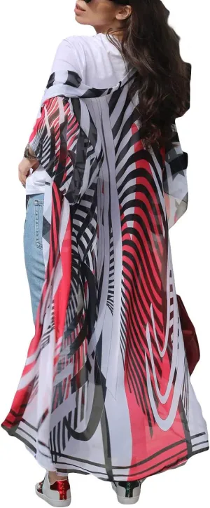 Bsubseach Womens Multicolor Print Long Chiffon Beach Blouses Cardigan Kimono Bikini Cover Up Swimwear Kaftan