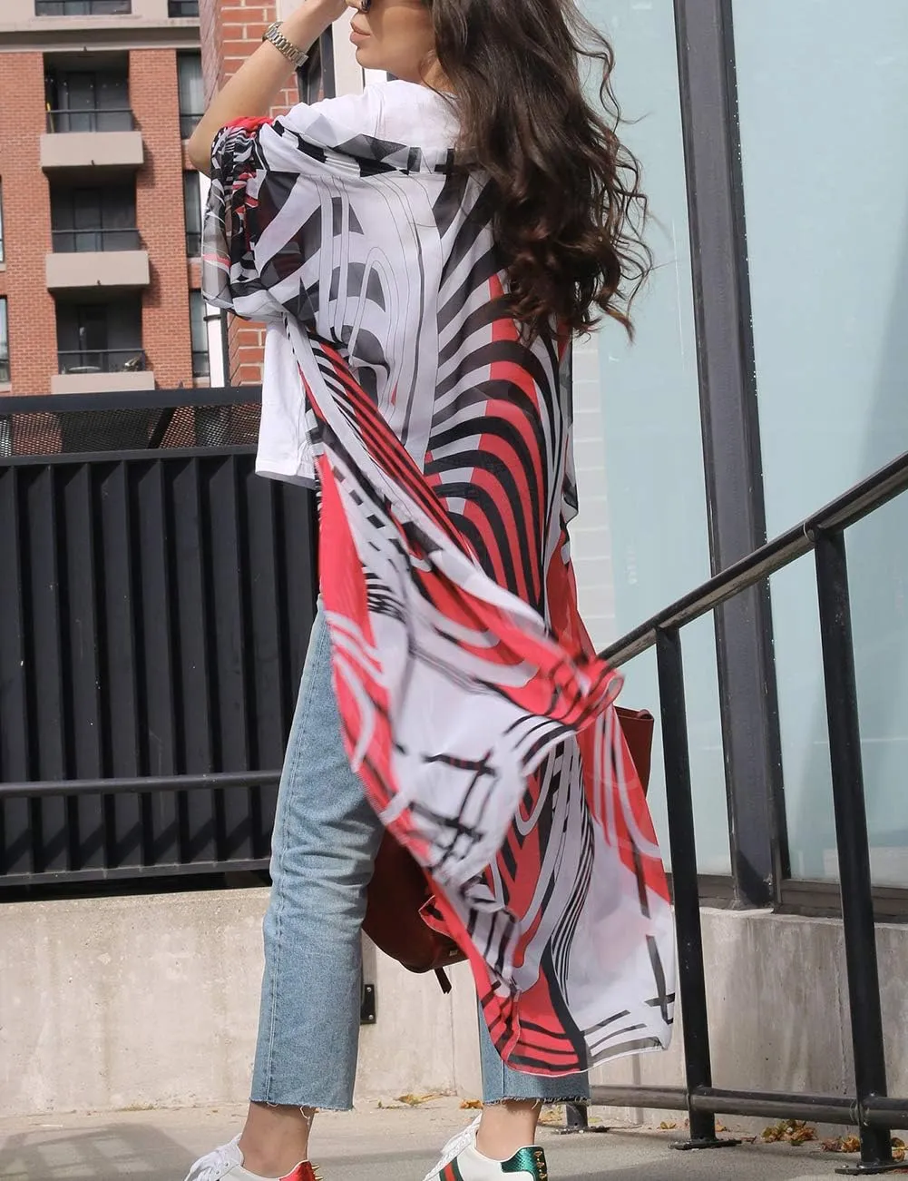 Bsubseach Womens Multicolor Print Long Chiffon Beach Blouses Cardigan Kimono Bikini Cover Up Swimwear Kaftan
