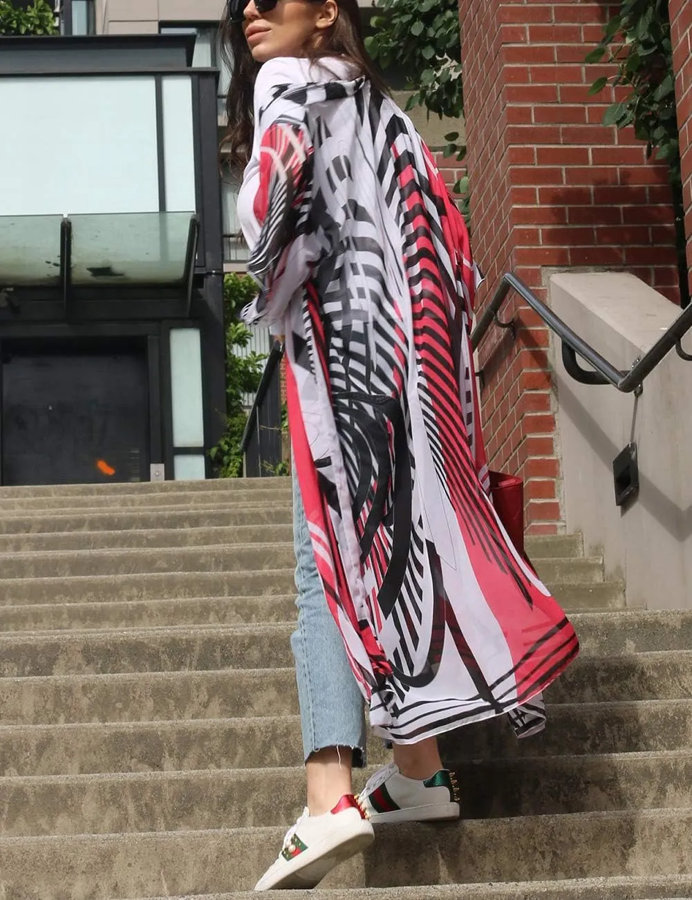 Bsubseach Womens Multicolor Print Long Chiffon Beach Blouses Cardigan Kimono Bikini Cover Up Swimwear Kaftan