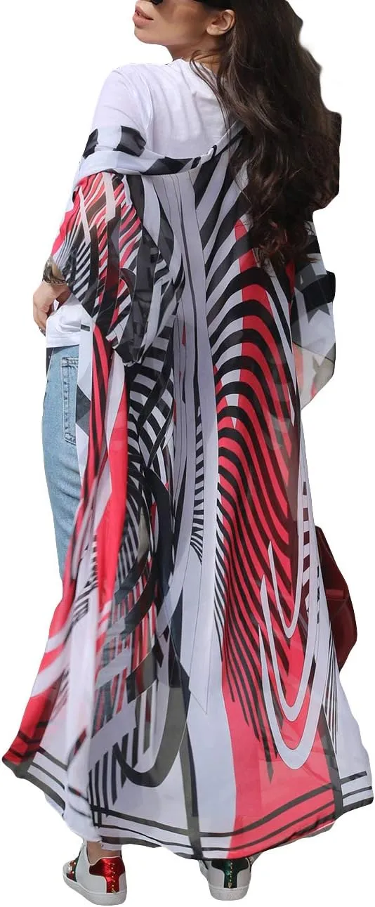 Bsubseach Womens Multicolor Print Long Chiffon Beach Blouses Cardigan Kimono Bikini Cover Up Swimwear Kaftan