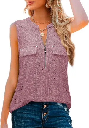 Bulotus Women's V-Neck Casual Tunic Tank Tops Zipper Sleeveless Blouse Shirt