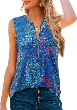 Bulotus Women's V-Neck Casual Tunic Tank Tops Zipper Sleeveless Blouse Shirt