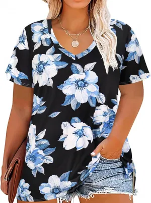 CARCOS Womens Plus Size Tops Basic Summer Shirts Short Sleeve V Neck Tunics Casual T-Shirt Loose Fits XL-5XL