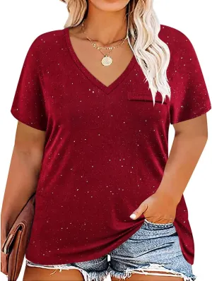 CARCOS Womens Plus Size Tops Basic Summer Shirts Short Sleeve V Neck Tunics Casual T-Shirt Loose Fits XL-5XL