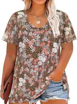 CARCOS Womens Plus Size Tops Basic Summer Shirts Short Sleeve V Neck Tunics Casual T-Shirt Loose Fits XL-5XL