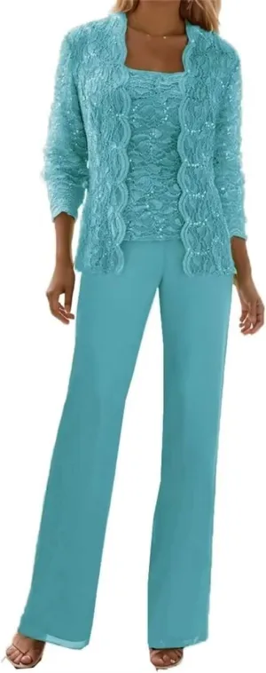 Chiffon 3 Pieces Mother of The Bride Pant Suits for Wedding Lace Sequin Pant Suits for Women Dressy Party