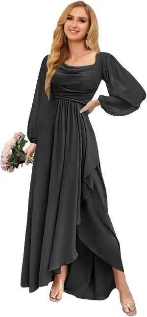 Chiffon Bridesmaid Dresses A-Line Ruffle Short Sleeve Split Formal Evening Dress with Pockets