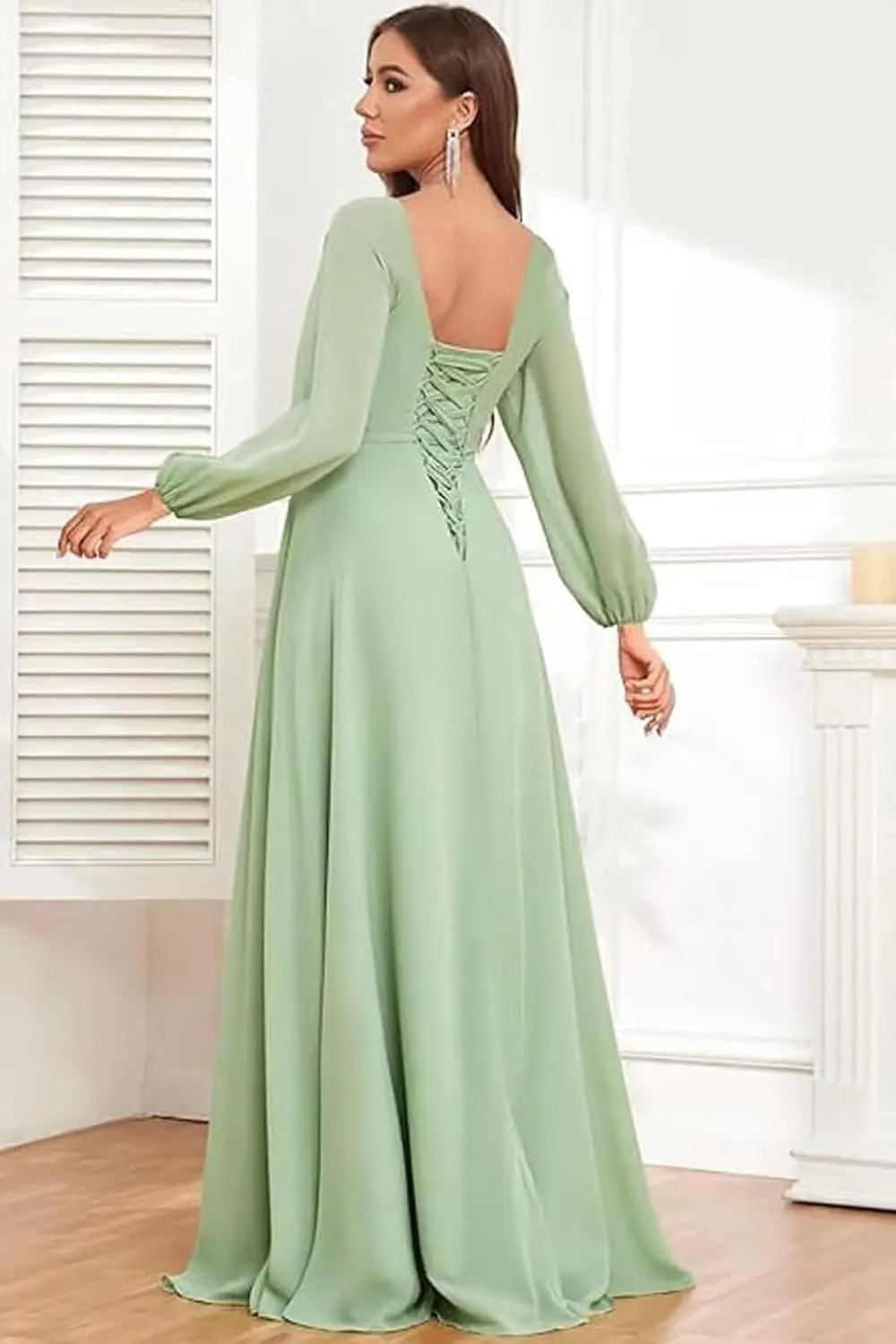 Chiffon Bridesmaid Dresses A-Line Ruffle Short Sleeve Split Formal Evening Dress with Pockets