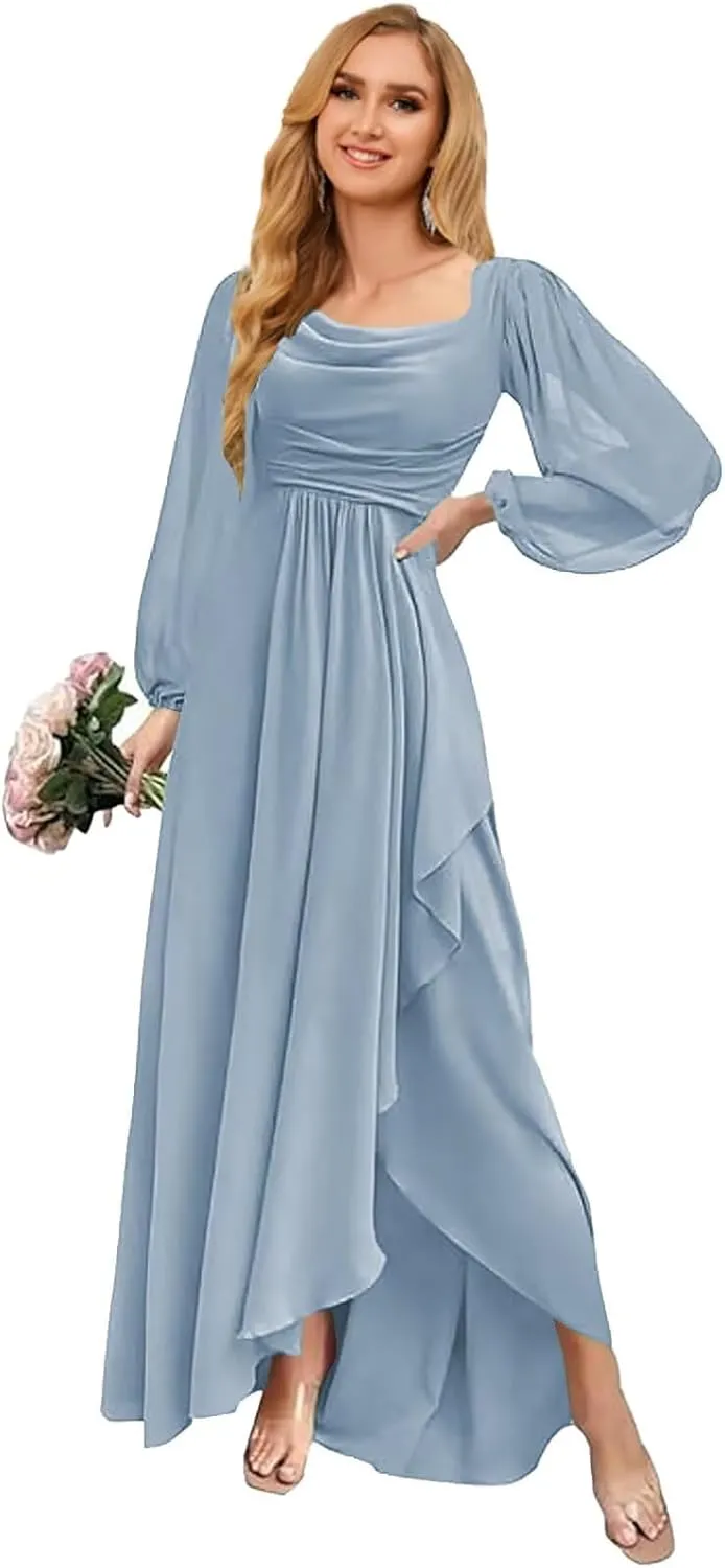 Chiffon Bridesmaid Dresses A-Line Ruffle Short Sleeve Split Formal Evening Dress with Pockets