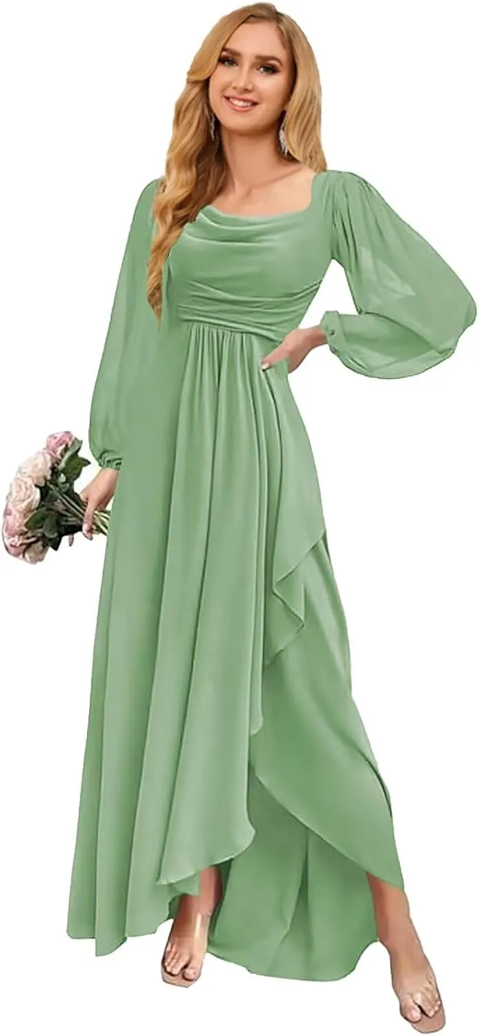 Chiffon Bridesmaid Dresses A-Line Ruffle Short Sleeve Split Formal Evening Dress with Pockets