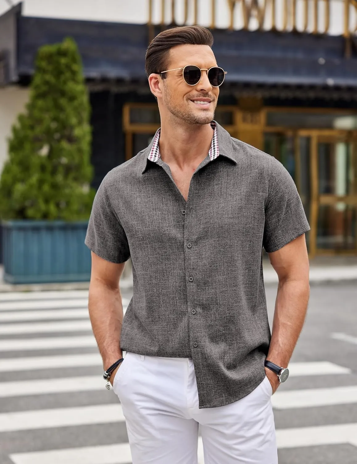 COOFANDY Mens Linen Shirt Casual Short Sleeve Button Down Shirts Summer Beach Vacation Tops