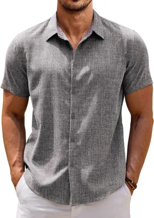 COOFANDY Mens Linen Shirt Casual Short Sleeve Button Down Shirts Summer Beach Vacation Tops