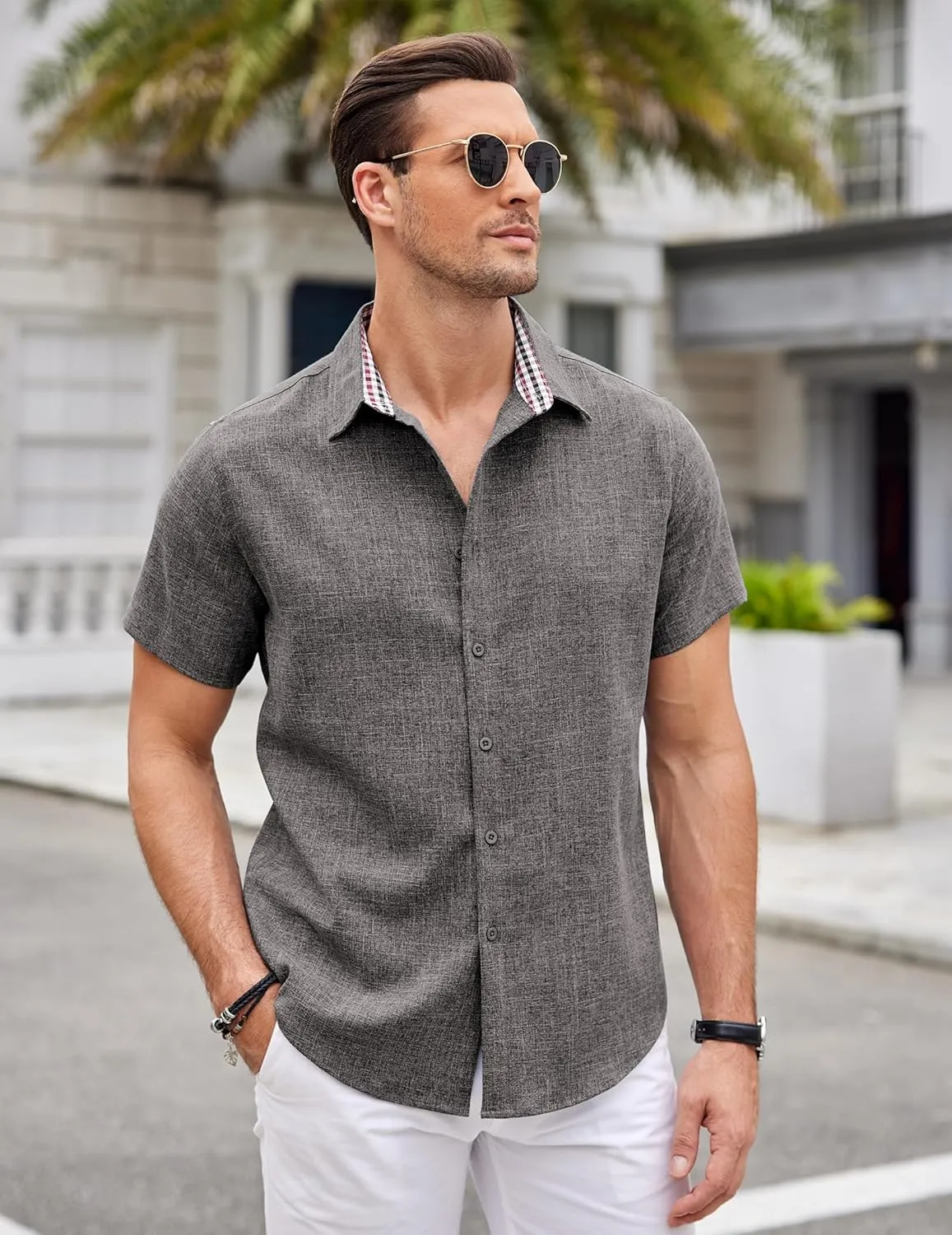 COOFANDY Mens Linen Shirt Casual Short Sleeve Button Down Shirts Summer Beach Vacation Tops