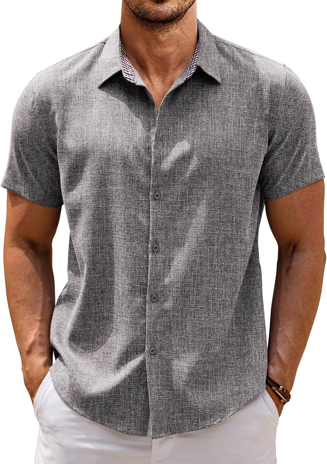 COOFANDY Mens Linen Shirt Casual Short Sleeve Button Down Shirts Summer Beach Vacation Tops