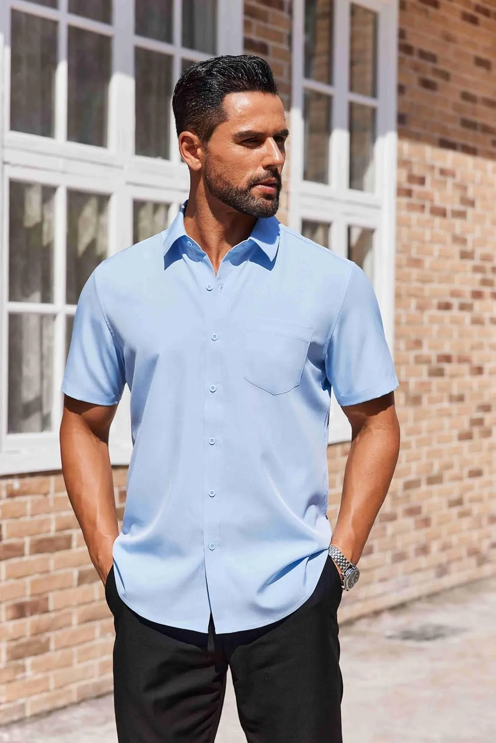 COOFANDY Mens Short Sleeve Button Down Shirts Lightweight Stain Shield Business Casual Dress Shirt Wrinkle Free