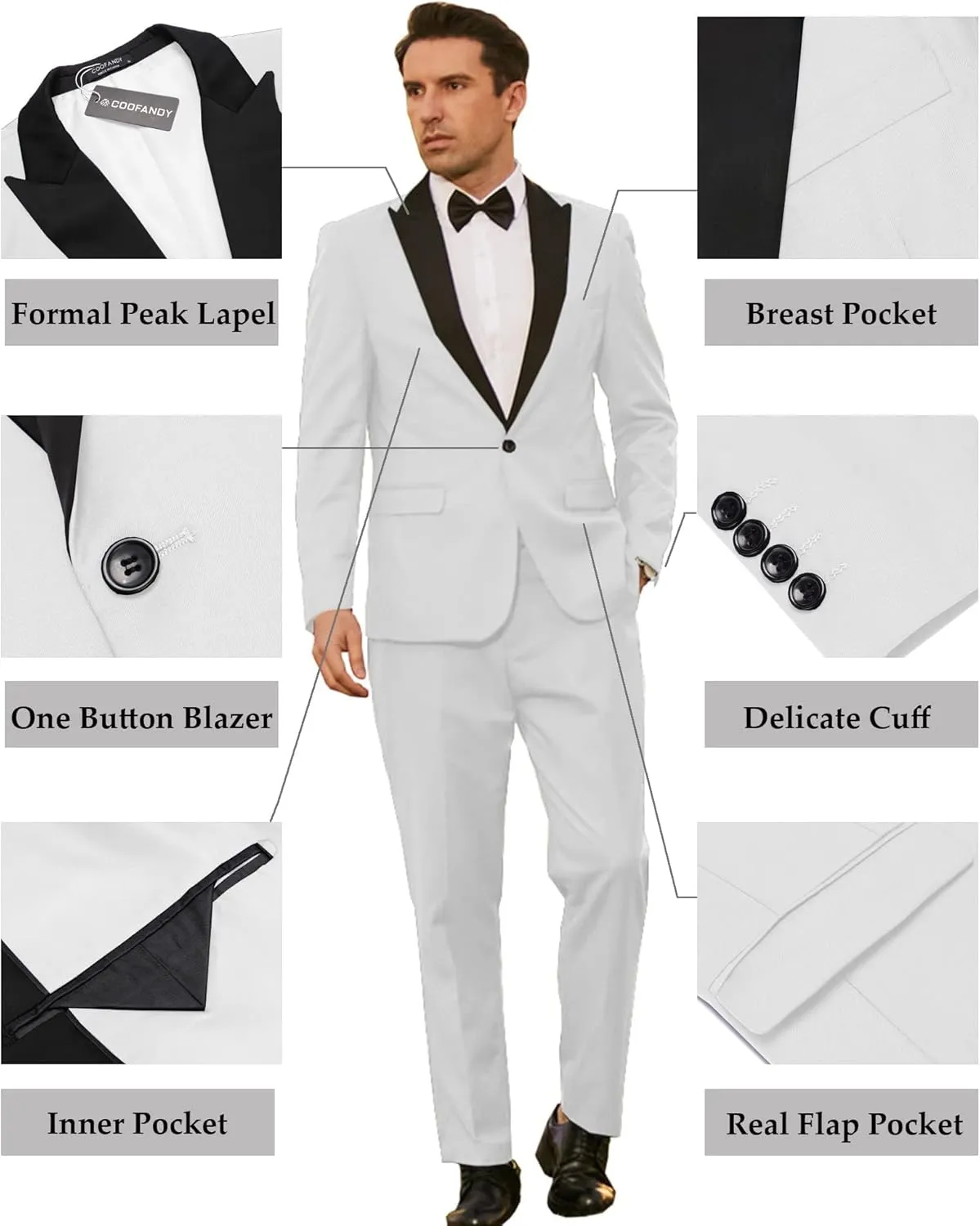 COOFANDY Men's Wedding Suits 2 Piece Tuxedo Jacket One Button Peak Lapel Suit Jacket Dress Pants for Dinner,Prom,Party