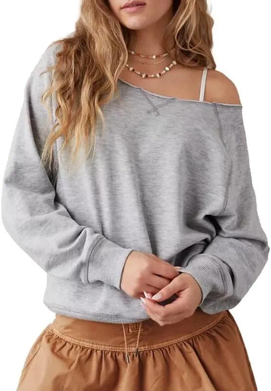 CORIRESHA Women's Casual Off Shoulder Sweatshirt Boat Neck Raglan Sleeve Loose Solid Pullover