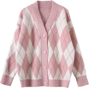 CORIRESHA Women's Cute Argyle Preppy Button Down Y2k Aesthetic Knit Cardigan Sweater