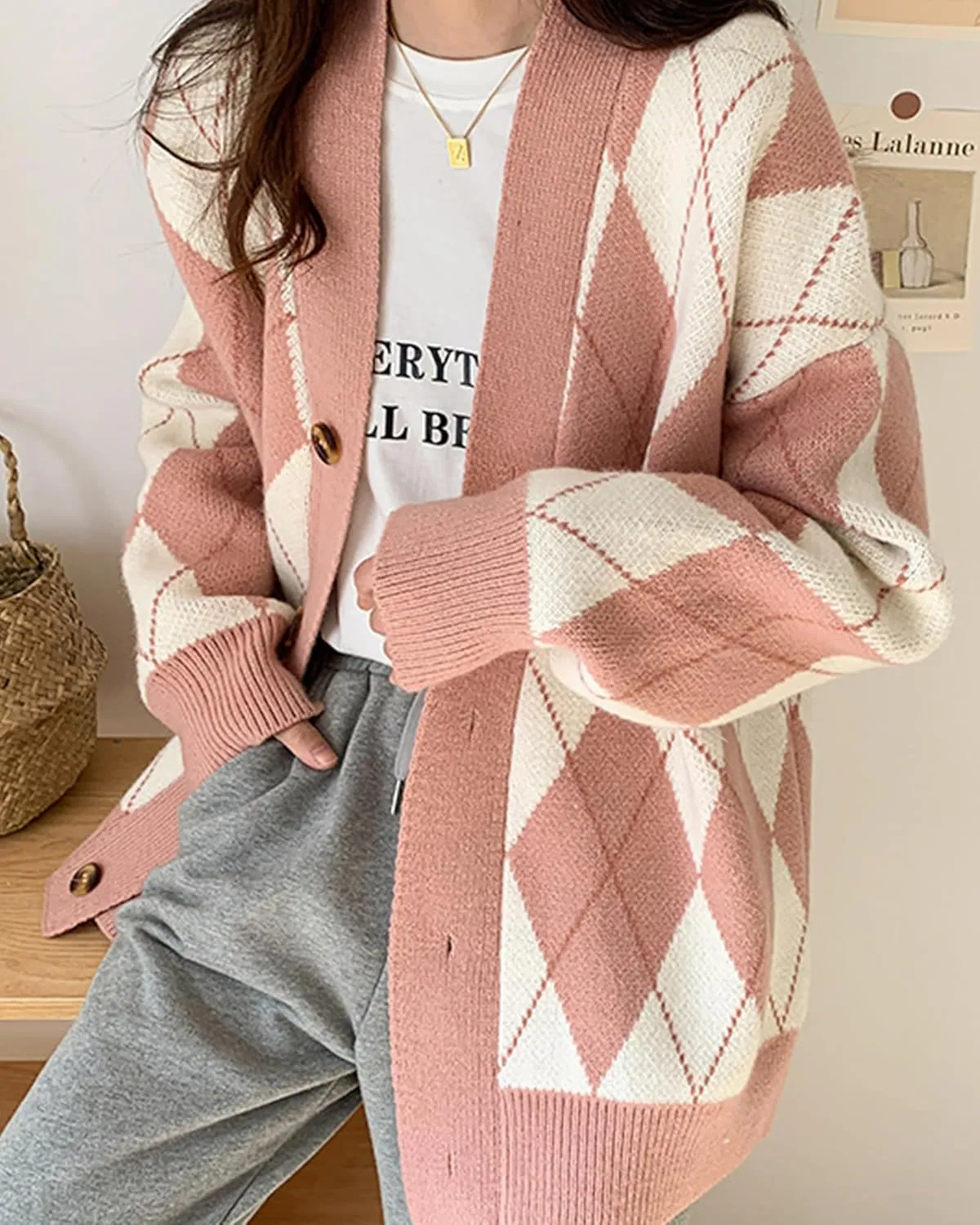 CORIRESHA Women's Cute Argyle Preppy Button Down Y2k Aesthetic Knit Cardigan Sweater