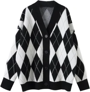 CORIRESHA Women's Cute Argyle Preppy Button Down Y2k Aesthetic Knit Cardigan Sweater