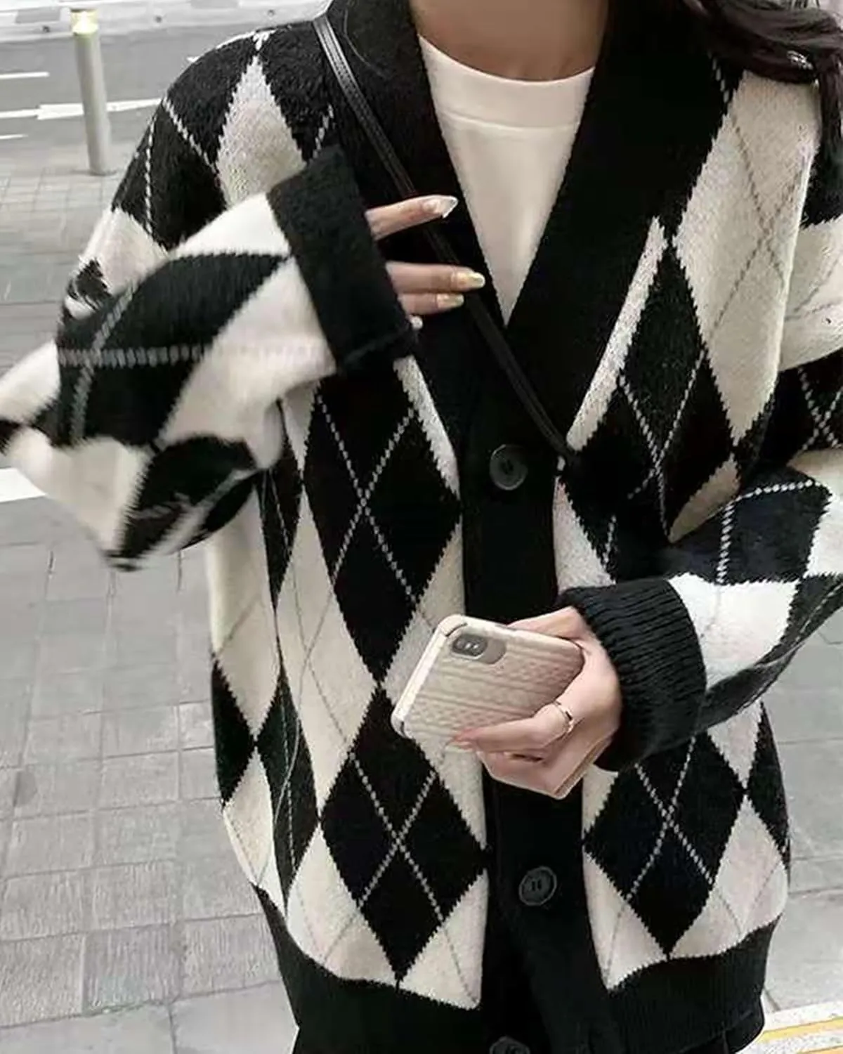CORIRESHA Women's Cute Argyle Preppy Button Down Y2k Aesthetic Knit Cardigan Sweater