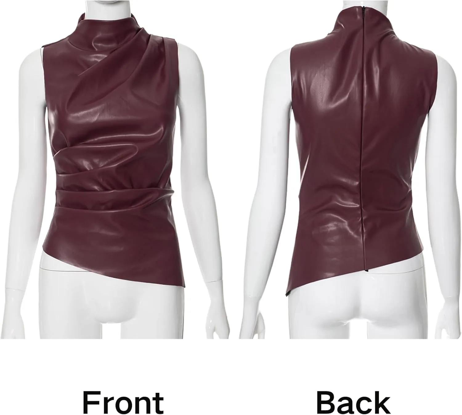 CORIRESHA Women's Faux Leather Pleated Sleeveless Asymmetrical Mock Neck Slim Tank Top