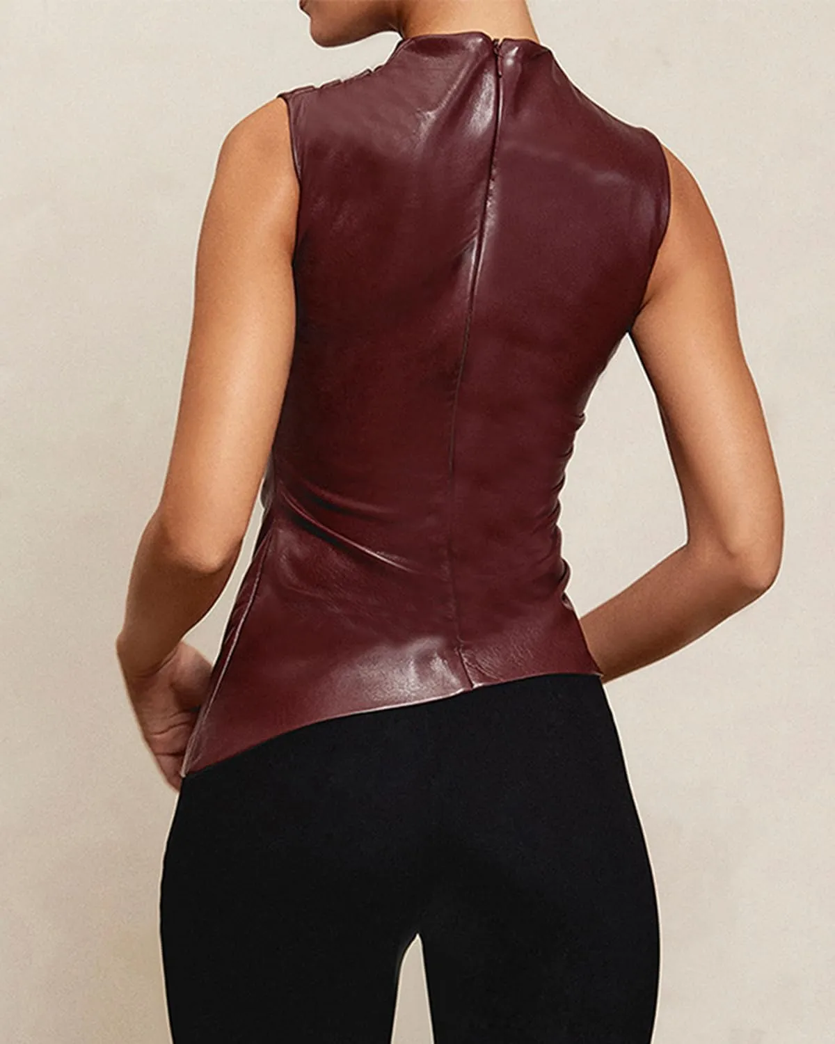CORIRESHA Women's Faux Leather Pleated Sleeveless Asymmetrical Mock Neck Slim Tank Top