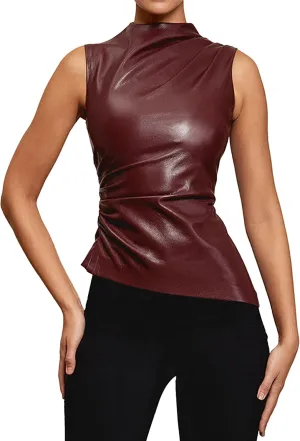 CORIRESHA Women's Faux Leather Pleated Sleeveless Asymmetrical Mock Neck Slim Tank Top