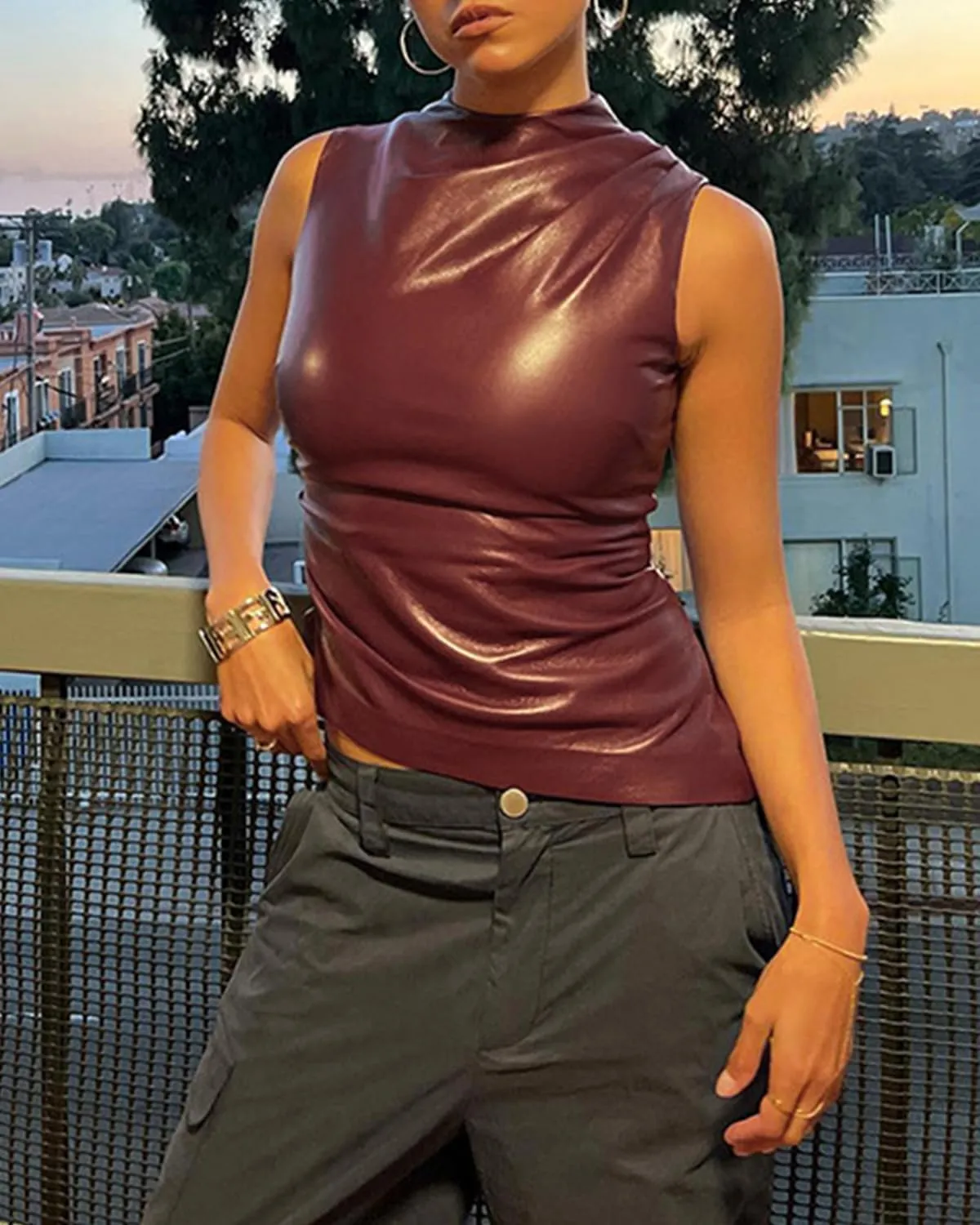 CORIRESHA Women's Faux Leather Pleated Sleeveless Asymmetrical Mock Neck Slim Tank Top