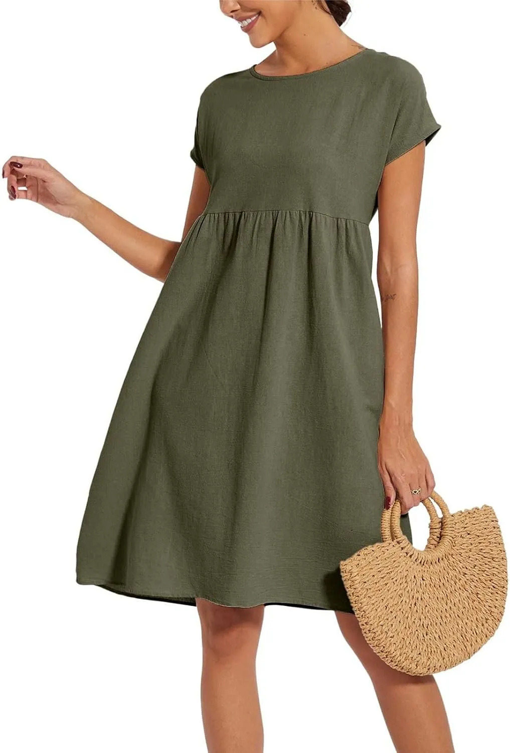 Cotton Linen Dresses for Women 2025 Summer Crewneck Short Sleeve Boho Maxi Dress Casual Loose Beach Dresses with Pockets