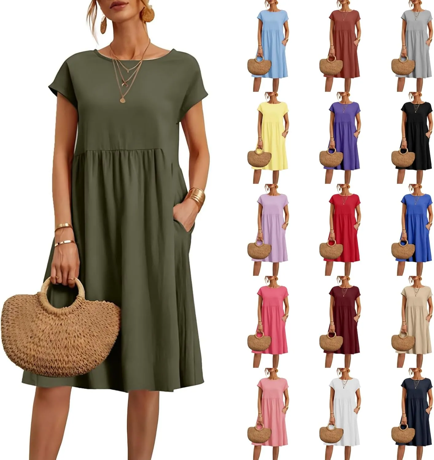 Cotton Linen Dresses for Women 2025 Summer Crewneck Short Sleeve Boho Maxi Dress Casual Loose Beach Dresses with Pockets