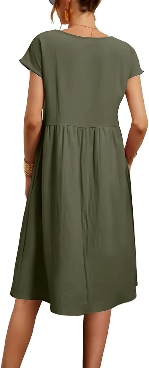 Cotton Linen Dresses for Women 2025 Summer Crewneck Short Sleeve Boho Maxi Dress Casual Loose Beach Dresses with Pockets