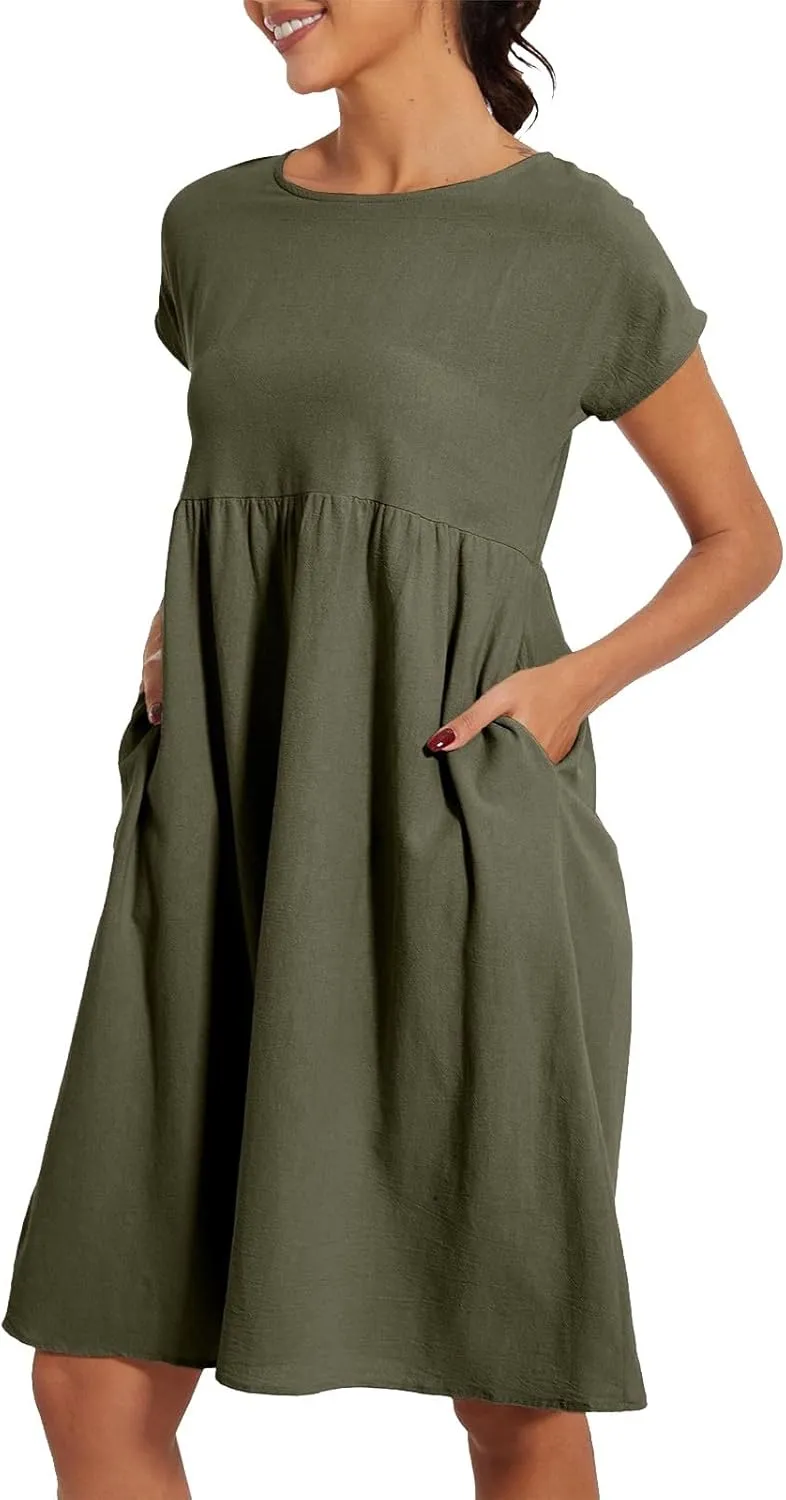 Cotton Linen Dresses for Women 2025 Summer Crewneck Short Sleeve Boho Maxi Dress Casual Loose Beach Dresses with Pockets