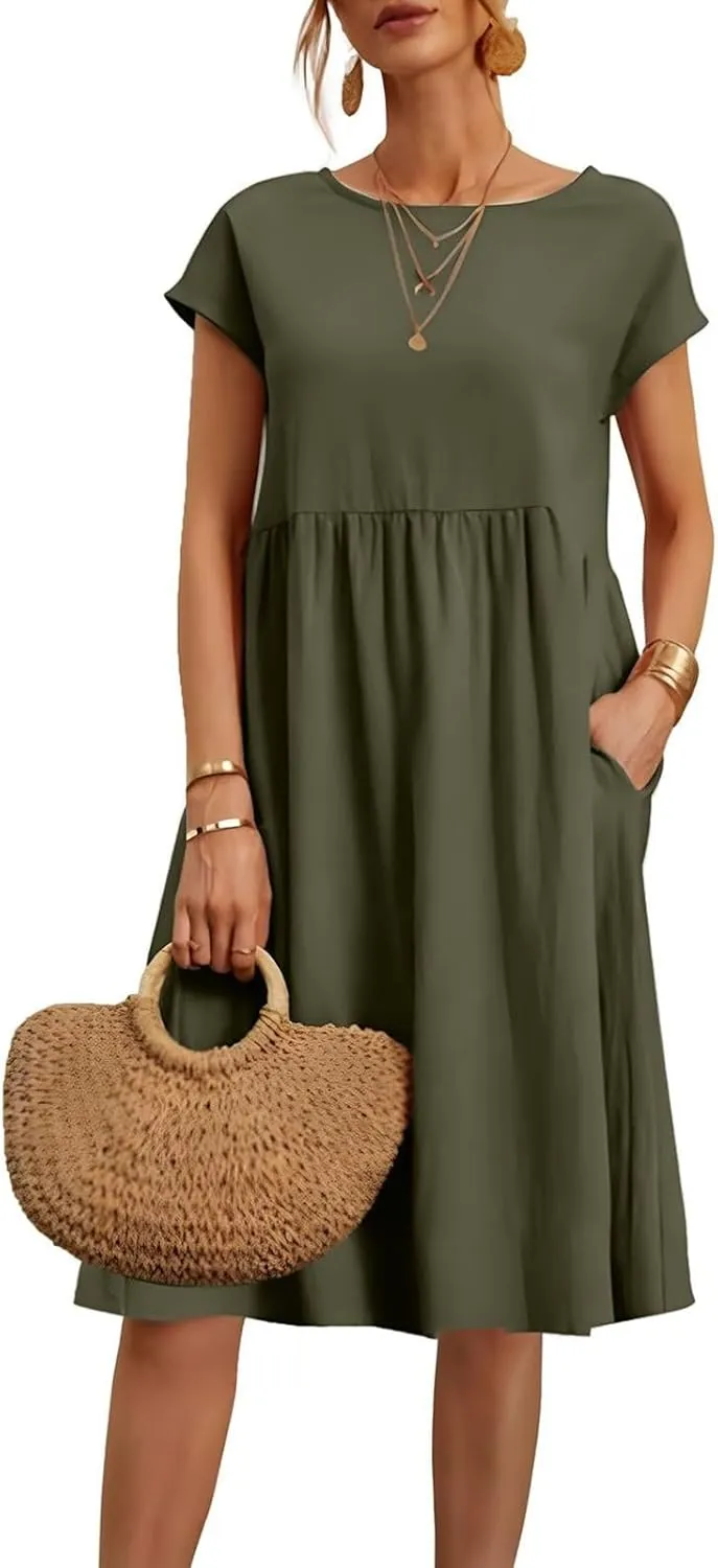 Cotton Linen Dresses for Women 2025 Summer Crewneck Short Sleeve Boho Maxi Dress Casual Loose Beach Dresses with Pockets