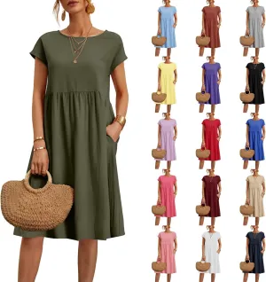 Cotton Linen Dresses for Women 2025 Summer Crewneck Short Sleeve Boho Maxi Dress Casual Loose Beach Dresses with Pockets