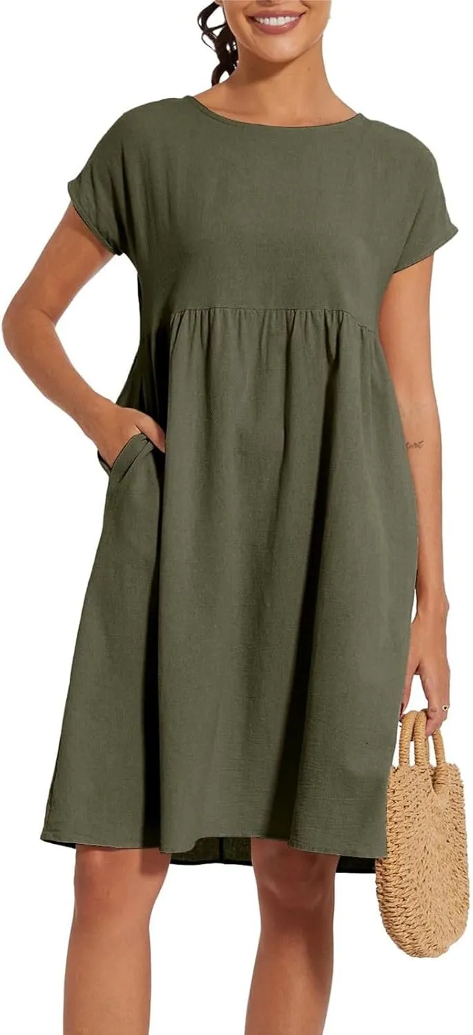 Cotton Linen Dresses for Women 2025 Summer Crewneck Short Sleeve Boho Maxi Dress Casual Loose Beach Dresses with Pockets