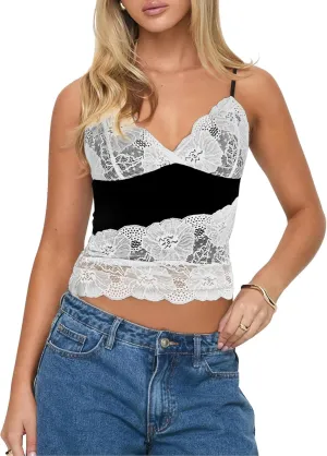 CSDAJIO V Neck Lace Camisole for Women Adjustable Spaghetti Strap Tank Top Sleeveless Cami Shirt Undershirt