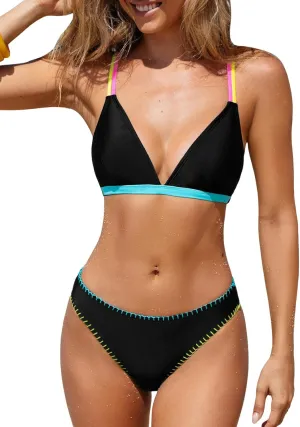 CUPSHE Women's Bikini Sets Two Piece Swimsuit V Neck Crisscross Back Low Rise Stitching Cheeky Bottom