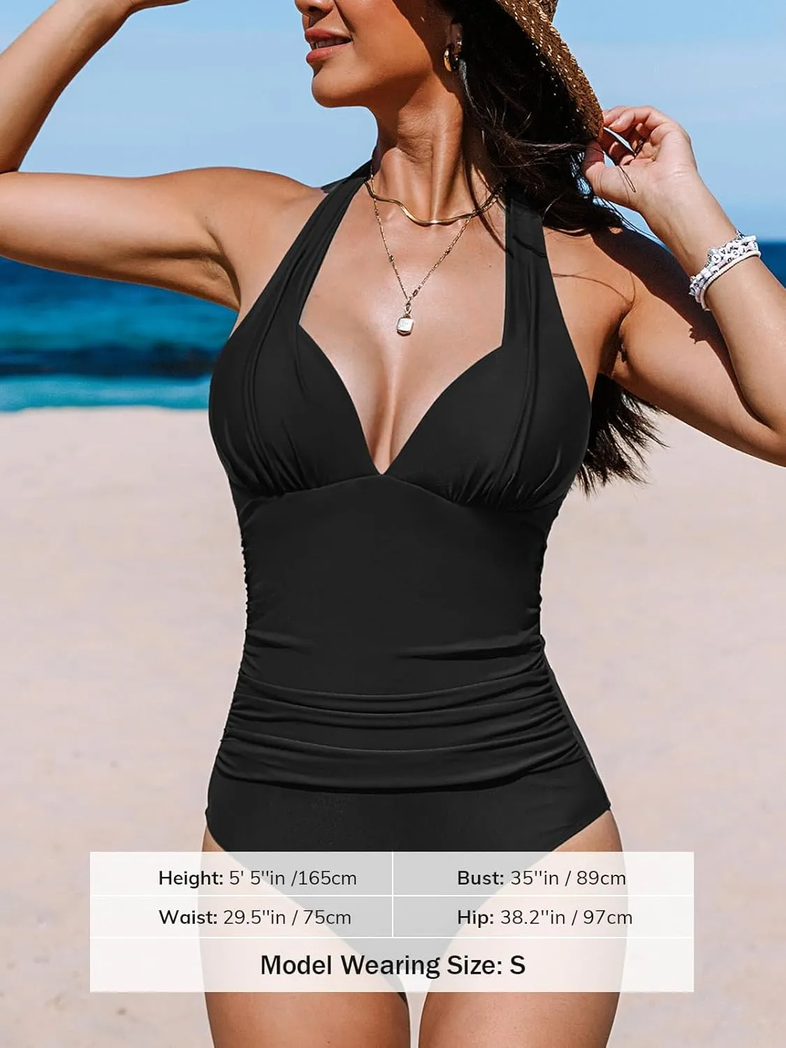 CUPSHE Women's One Piece Swimsuit Tummy Control Bathing Suit Halter Deep V Neck Sculpting Ruching Adjustable Straps