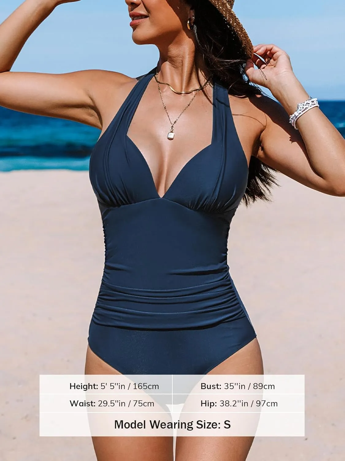 CUPSHE Women's One Piece Swimsuit Tummy Control Bathing Suit Halter Deep V Neck Sculpting Ruching Adjustable Straps