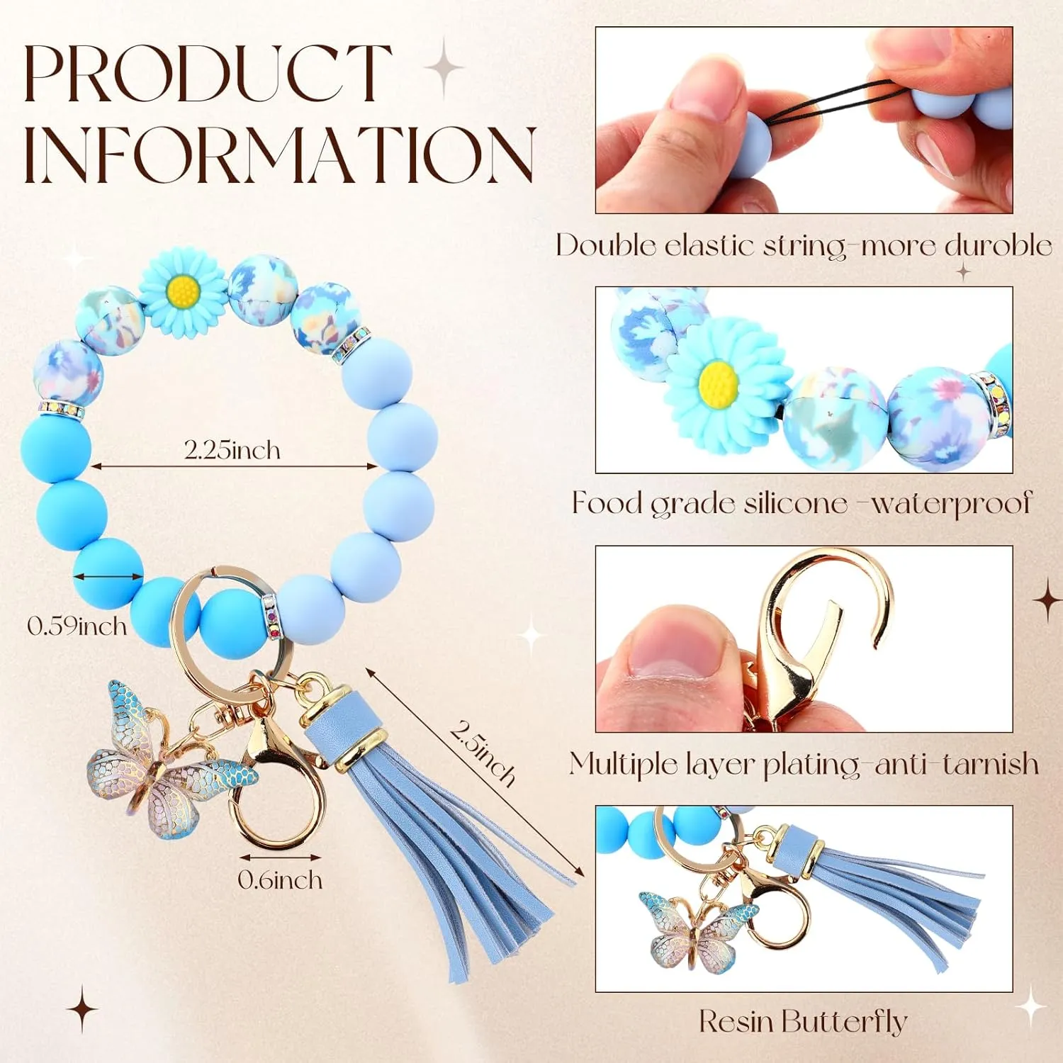 Cute Silicone Beaded KeychainKey Chain Holder for Car Keys Women GirlDaisy Silicone Key Wristlet Resin Butterfly