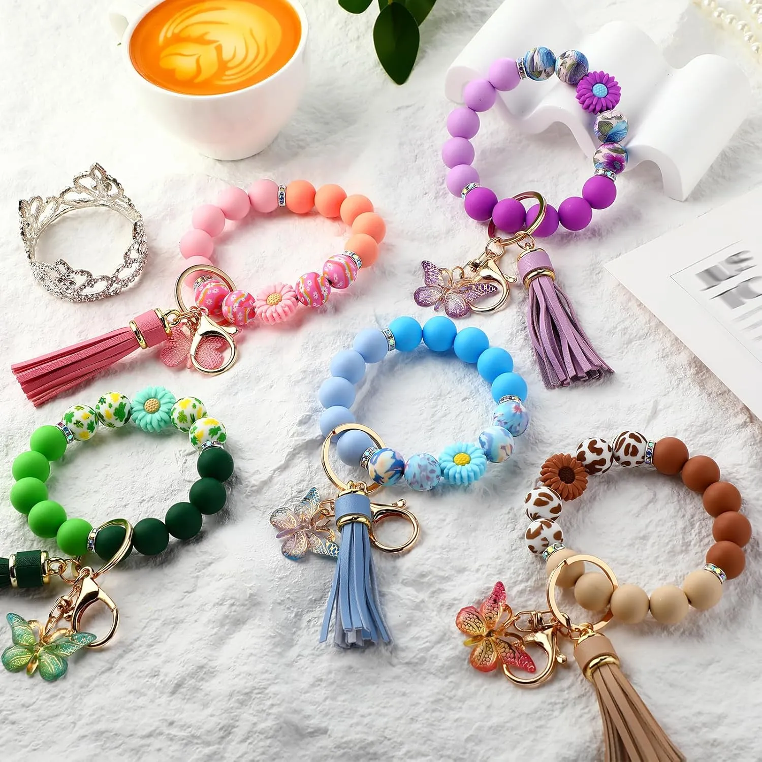 Cute Silicone Beaded KeychainKey Chain Holder for Car Keys Women GirlDaisy Silicone Key Wristlet Resin Butterfly