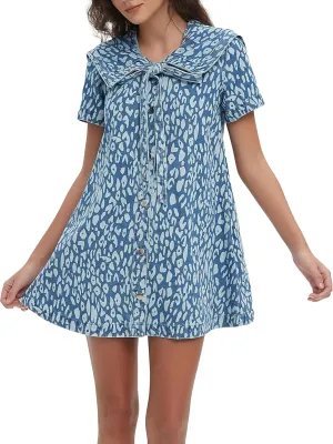 D-Sun Women's Leopard Print Denim Mini Dress Navy Collar Short Sleeves Swing Jean Babydoll Dress