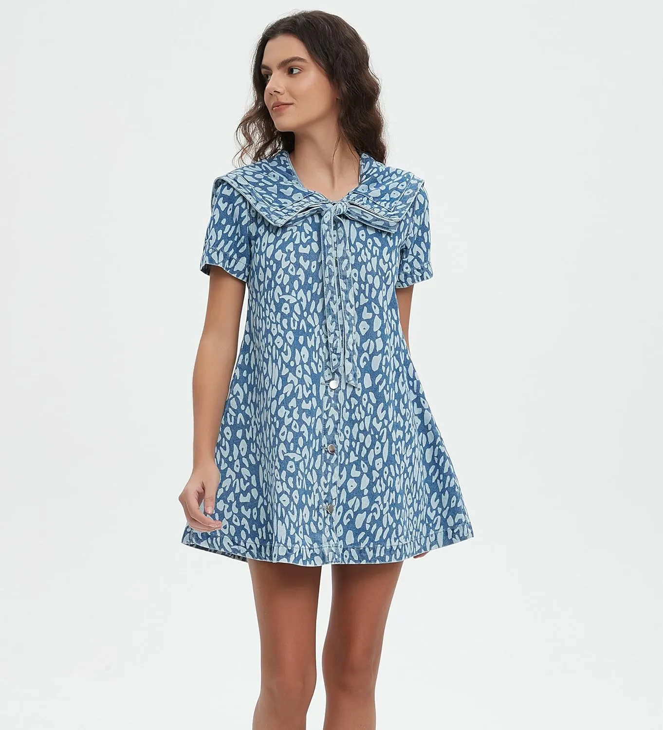 D-Sun Women's Leopard Print Denim Mini Dress Navy Collar Short Sleeves Swing Jean Babydoll Dress
