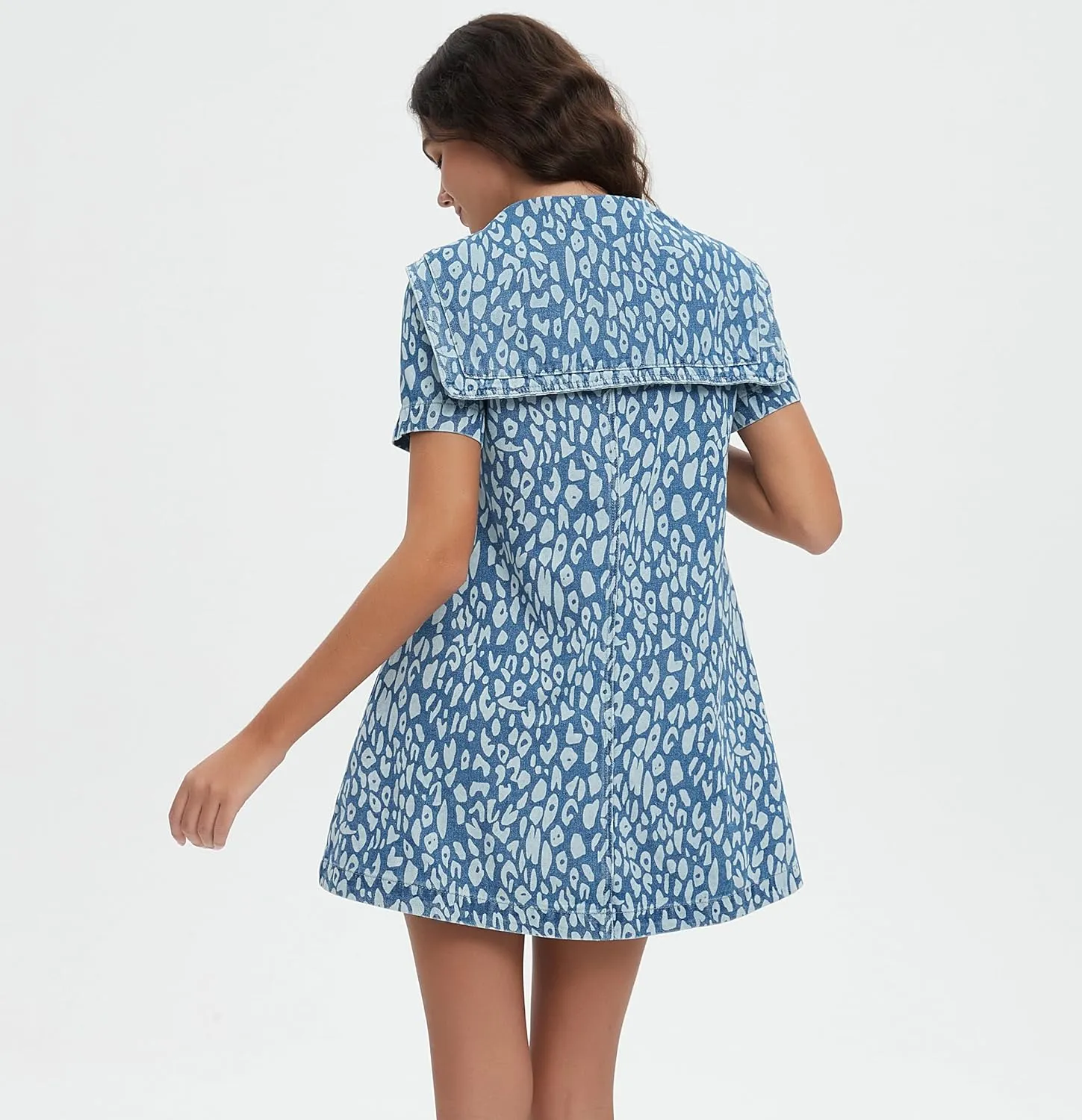 D-Sun Women's Leopard Print Denim Mini Dress Navy Collar Short Sleeves Swing Jean Babydoll Dress